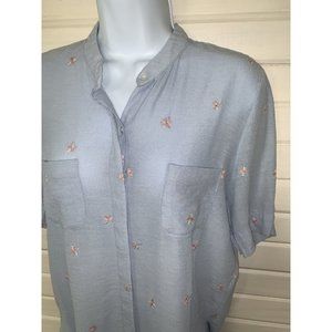 PIT PAT Sz MEDIUM Blue Pink Nylon Viscose Floral Embroidered Blouse EUC